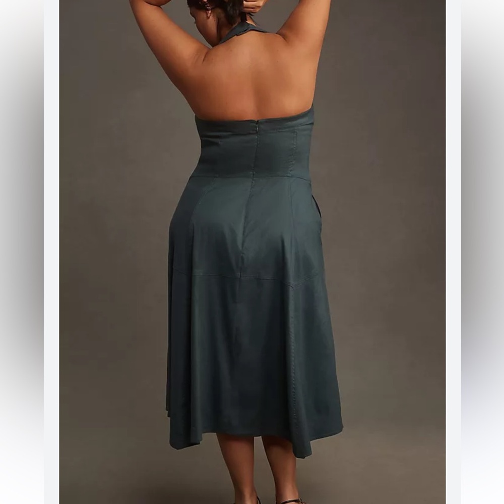 ANTHROPOLOGIE WOMENS STRETCH HALTER LINEN MIDI DRESS GREEN LARGE - Picture 9 of 9